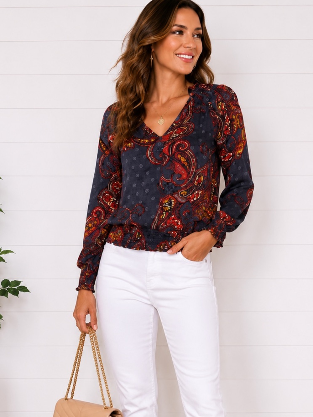 ♥️💙 Lascana Paisley Boho Blouse XS Smocked Peasant Top Long Sleeve
